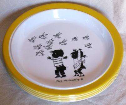 Set of 8, vintage, retro, "Jip and Janneke" picnic plates by Fiep Westendorp,  made in Holland