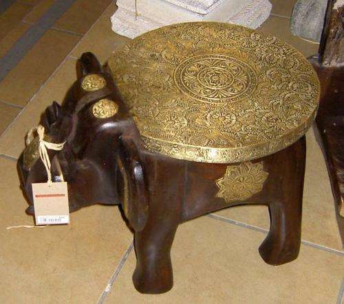 NEW: Hand-Crafted Elephant Stool. Brass and Polished Wood