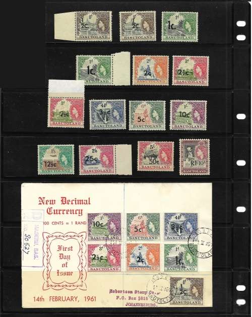 Basutoland 1961 QEII SACC58-68 Full set UMM/MM (see scan) + FDC with partial set - Min CV2,200