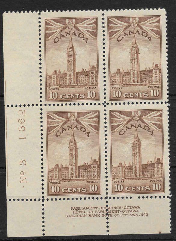 Canada 1942 Scott#257 Plate block #3 LL MNH CV$75 WAR Issue 10c Parliament
