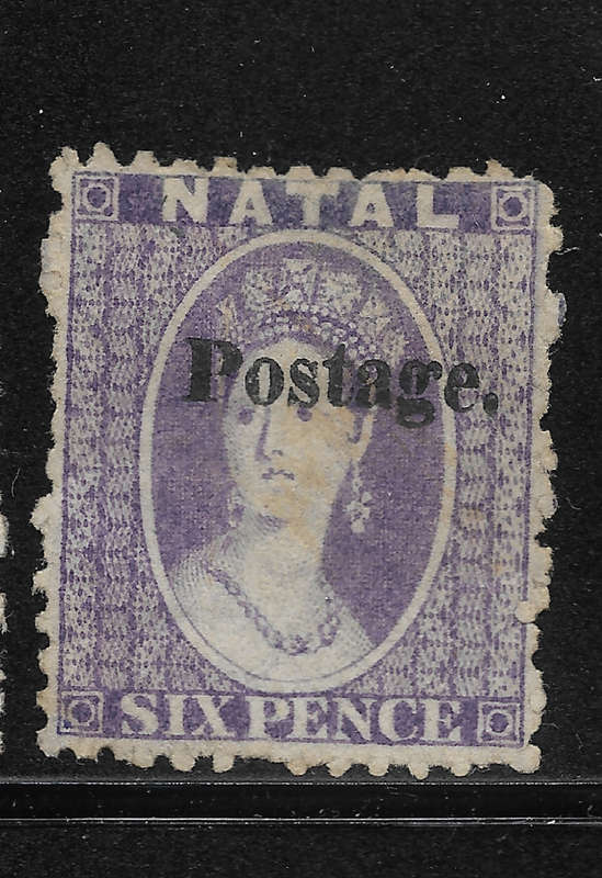 NATAL 1869 SACC36 6d Deep Violet Ovpt Type II Postage 12.75mm long Mint