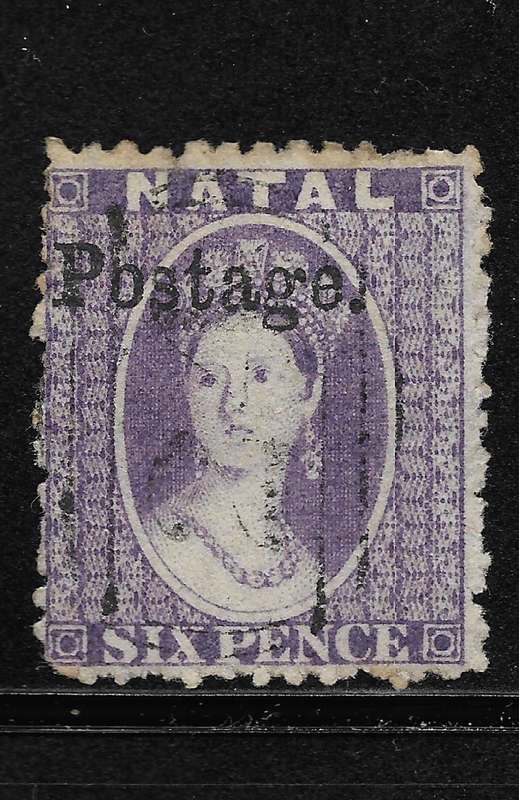 NATAL 1869 SACC44 6d Deep Voilet Ovpt Type III Postage 13.75mm long - Fine Used
