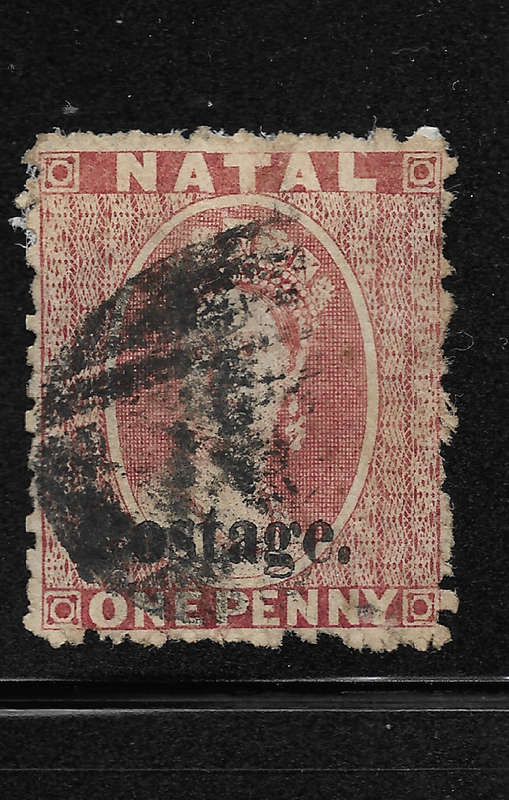 NATAL 1869 SACC30 1d Rose Ovpt Type II Postage 12.75mm long - Used