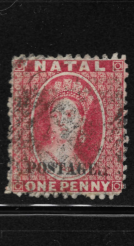 NATAL 1869 SACC55 1d Bright Red + Shade Ovpt Type V Postage Capital letters with stop - Fine Used