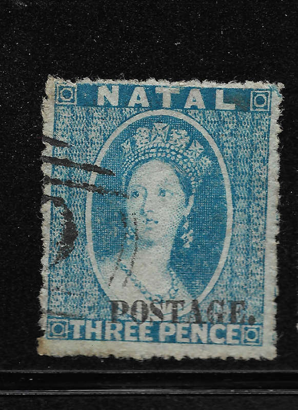 NATAL 1869 SACC56+58 blue No9&11 Ovpt Type V Postage Capital letters with stop - Fine Used