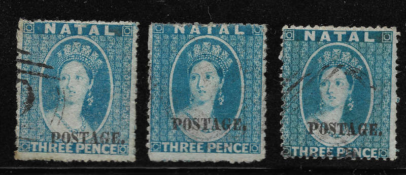 NATAL 1869 SACC56+58 blue No9&11 Ovpt Type V Postage Capital letters with stop - Fine Used
