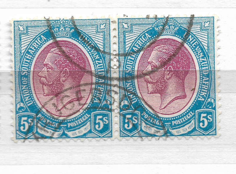 Union of SA 1913 SACC14 5s purple and dark blue - Very Fine Used Pair - Krugersdorp Cancel