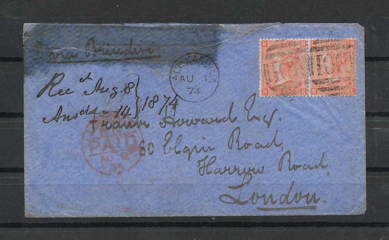1874 GB Abroad Postal History - 4d Vermillion pair Plate 13 on cover from Alexandria to London -