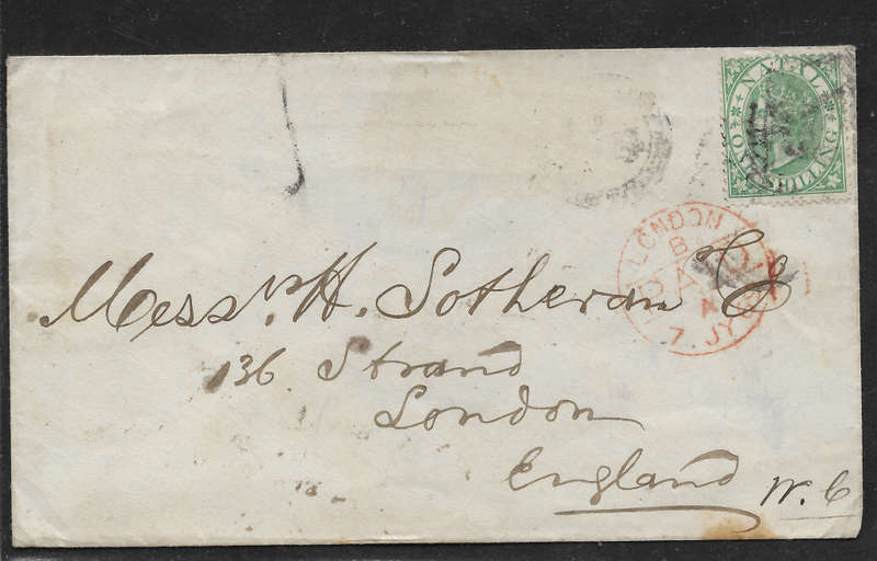 NATAL 1869 Cover - Natal to London England Tied with 1s green (SACC21)