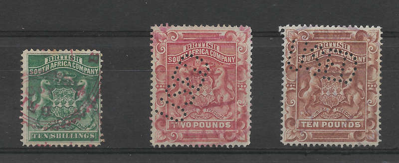 BSAC 1892 SACC9/11/13 (10s, £2, £10) Very fine Fiscal Used - (CV Postal R23,500) - Fill the gap