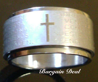 R100 only ! Size U/ W / Z!! Stylish 11mm wide Spinner Ring with Spanish Lord's Prayer Engraving!