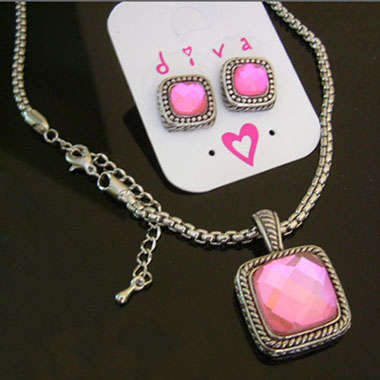 R120! Designer Necklace & Earrings Set with Pink Cushion Cut Lucite Stone from Diva Collection!!