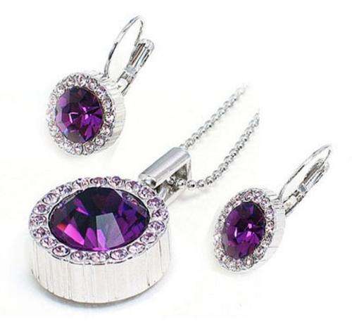 R90 only - 3pcs Round Brilliant Cut Rich Purple Genuine Crystal Necklace & Earring Set !!