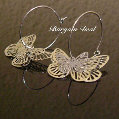 R50 only!! Lovely 3 Layer highly polished Base Metal Silver Carved Butterfly Dangling Earrings !!!