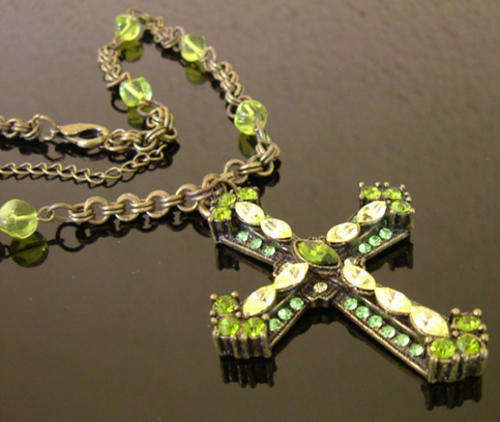 Green Peridot and Golden Citrine Simulant Genuine Crystal Cross Pendant with Bronze Chain!!