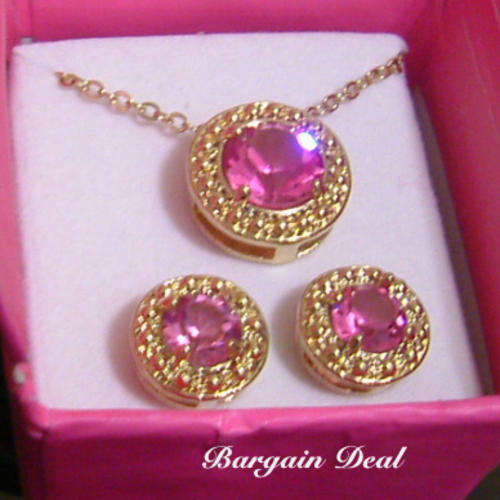 R100 only! 3pcs Pink Crystal Necklace and Earrings Set with 18K Yellow Gold Plated Chain!!