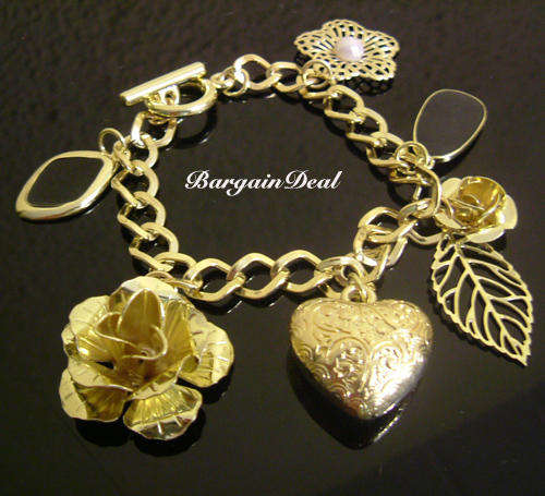 R80 only !! Stylish Bracelet with Golden Rose and Heart Charms in Vintage Glamour!!