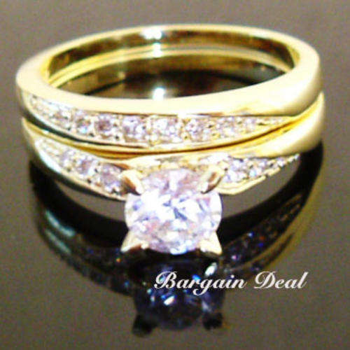 Size L / Size S !! 2pcs 17stone 2ct Round Brilliant Cut Wedding Ring Set clad in 18K Yellow Gold!