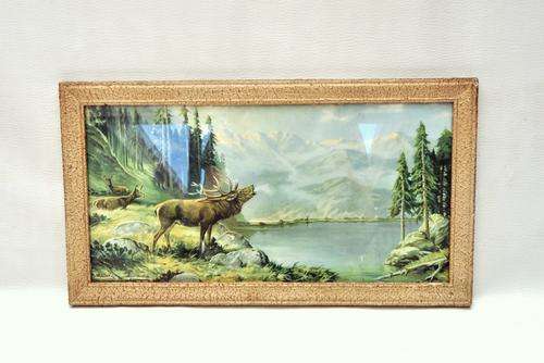 Retro Print of Moose / Landscape in a Plaster Frame, circa 1940-60