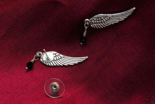 Antiqued Silver Alloy Wing and Black Faceted Glass Bead Earrings