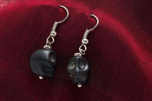 Aged Black Howlite Stone Skull and Silver Alloy Earrings