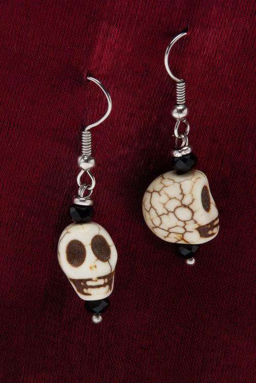 Aged White Howlite Stone Skull and Black Faceted Rondelle Glass Bead Earrings