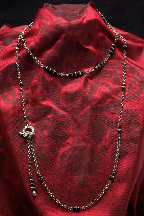 Antique Silver Alloy and Black Glass Bead Wrap Necklace