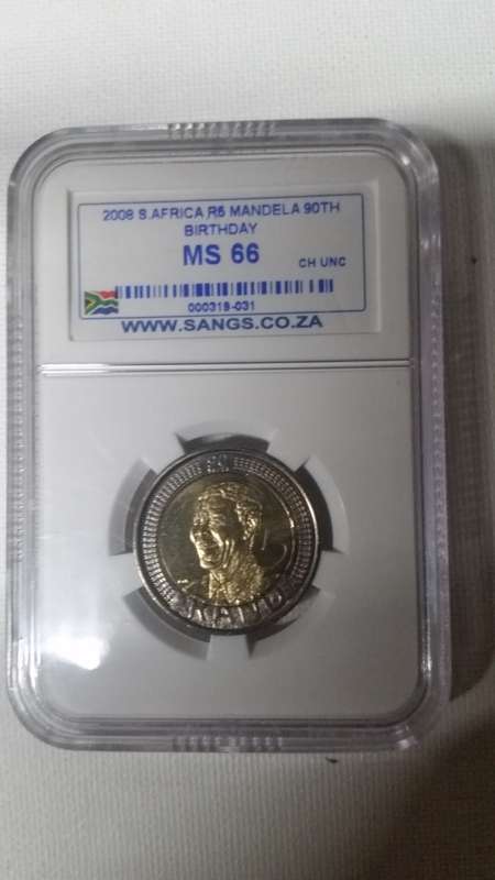 CRAZY LOW START!!! 2008 R5 MANDELA 90TH BIRTHDAY SANGS GRADED MS66 COIN