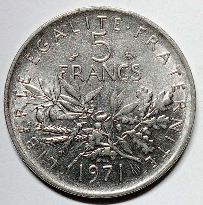 Brilliant uncirculated 1971 France 5 francs - signature O Roty