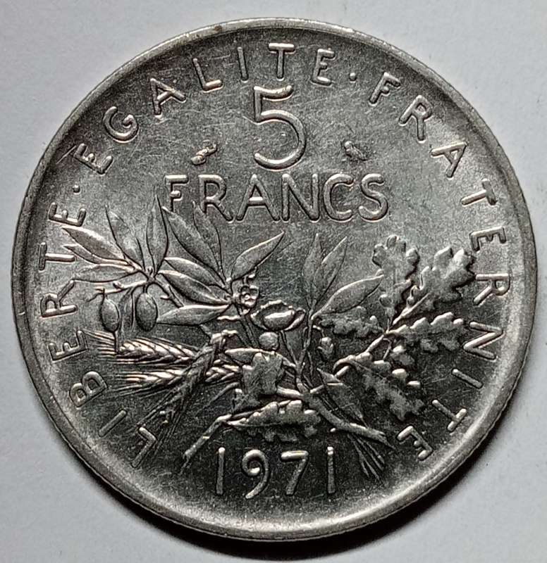 Brilliant uncirculated 1971 France 5 francs - signature O Roty
