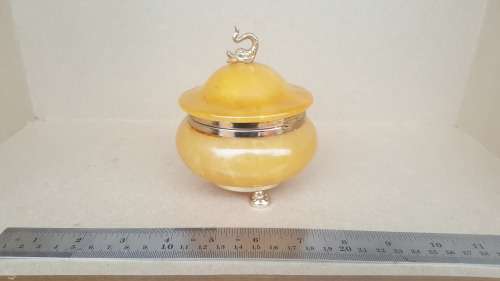 RARE ! Gorgeous Antique Hand Carved Solid Very Translucent Yellow Jade Jewelry Jar With Gold Tone