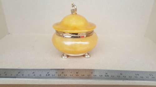 RARE ! Gorgeous Antique Hand Carved Solid Very Translucent Yellow Jade Jewelry Jar With Gold Tone