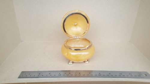 RARE ! Gorgeous Antique Hand Carved Solid Very Translucent Yellow Jade Jewelry Jar With Gold Tone