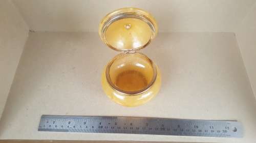 RARE ! Gorgeous Antique Hand Carved Solid Very Translucent Yellow Jade Jewelry Jar With Gold Tone