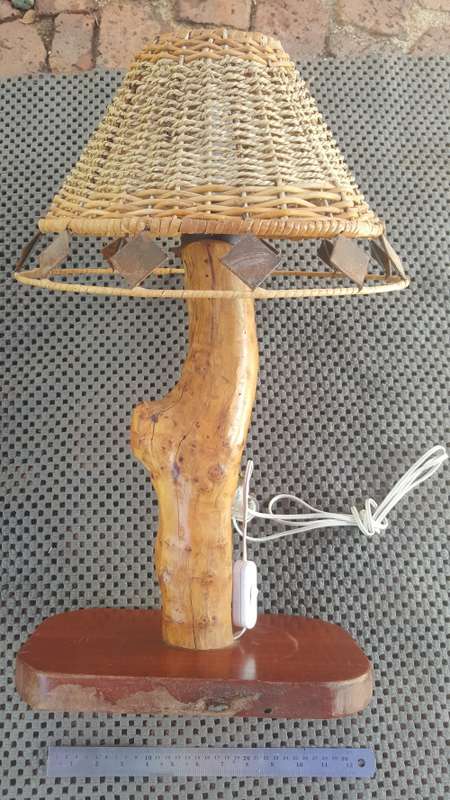 WOODEN TABLE LAMP - DRIFTWOOD BOG WOOD - UNIQUE RUSTIC ART - BULB AND SHADE