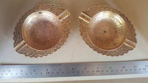 Vintage - Brass - Ornate Rose Repousse - Pair Of Ashtrays