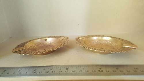 Vintage - Brass - Ornate Rose Repousse - Pair Of Ashtrays