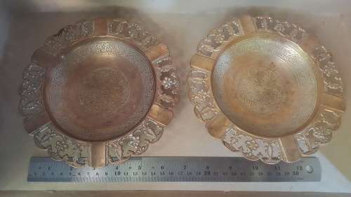 Vintage - Brass - Ornate Rose Repousse - Pair Of Ashtrays