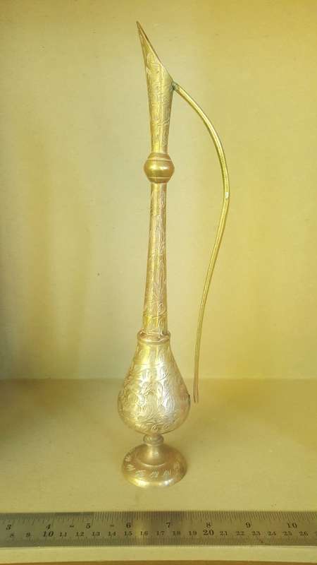 Vintage - Brass - Tall Indian Pitcher - Long Neck Oil Dispenser - Hand Etched