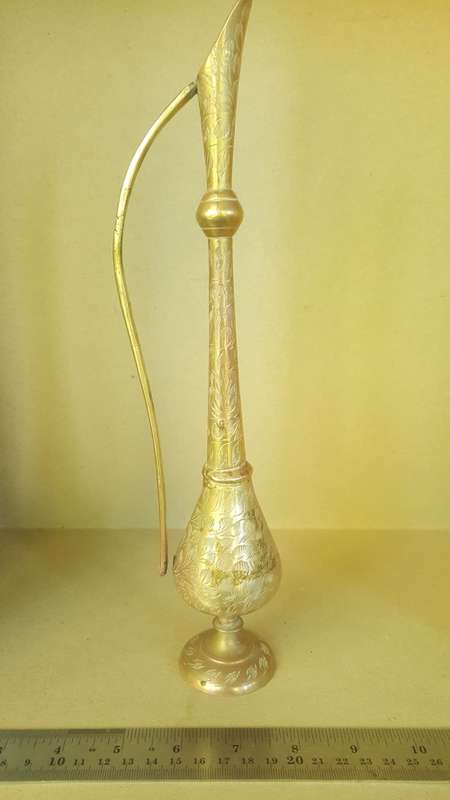 Vintage - Brass - Tall Indian Pitcher - Long Neck Oil Dispenser - Hand Etched