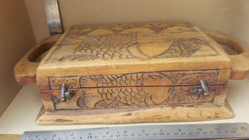 Vintage! Hand-Carved! African Wooden Jewelry Box - Fish Themed