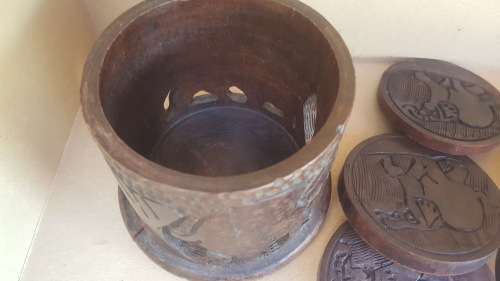 Africana ! Solid Wood - Carved Elephant - Coasters In Carved Holder