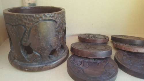Africana ! Solid Wood - Carved Elephant - Coasters In Carved Holder