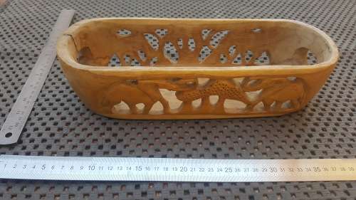 Africana! Olive Wood - Hand Carved Wildlife - Long Bowl - Elephants And Antelopes