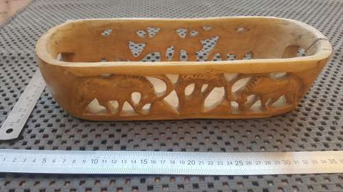 Africana! Olive Wood - Hand Carved Wildlife - Long Bowl - Elephants And Antelopes