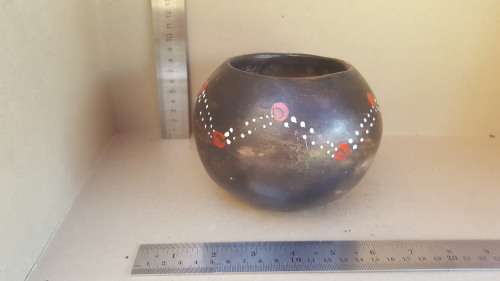African Zulu Beer Pot -  Black Clay Red And White Dot Ukhamba