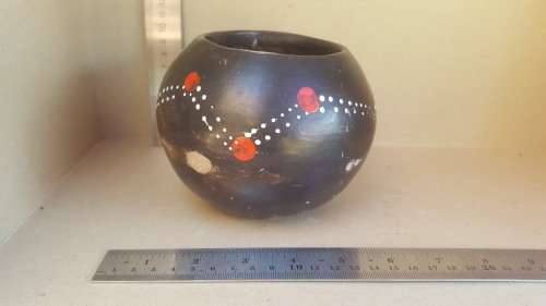 African Zulu Beer Pot -  Black Clay Red And White Dot Ukhamba