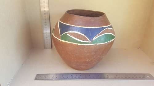 African Zulu Beer Pot -  Terracota Clay With Blue And Green Pattern Ukhamba