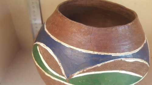 African Zulu Beer Pot -  Terracota Clay With Blue And Green Pattern Ukhamba
