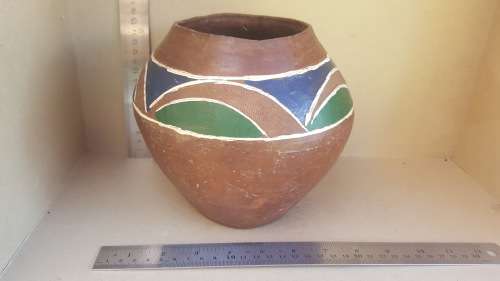 African Zulu Beer Pot -  Terracota Clay With Blue And Green Pattern Ukhamba